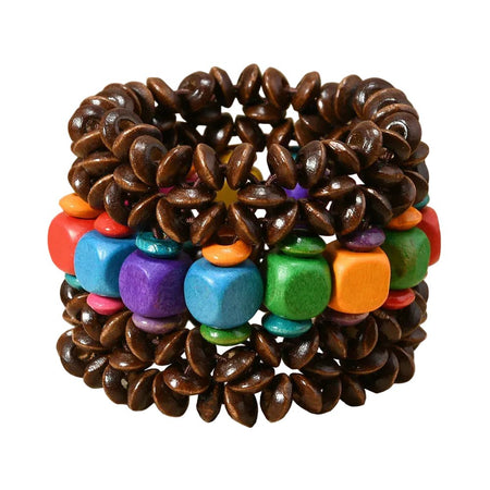 Bracelet femme bois multicolore bohème multirangs à cubes rouge, bleu, violet, vert et orange sur fil élastique