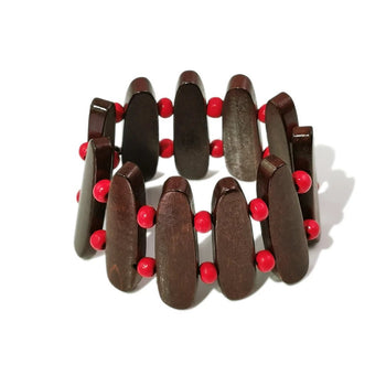 Bracelet femme en bois poli brun chocolat, birang, élastique, à perles rouges sphériques brillantes