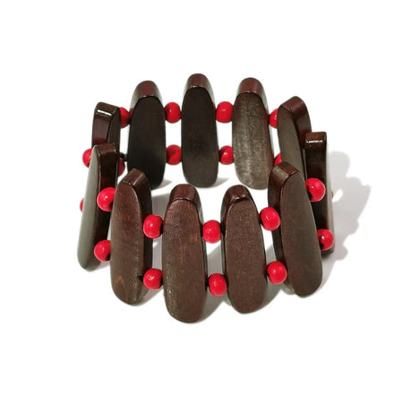 Bracelet femme en bois poli brun chocolat, birang, élastique, à perles rouges sphériques brillantes