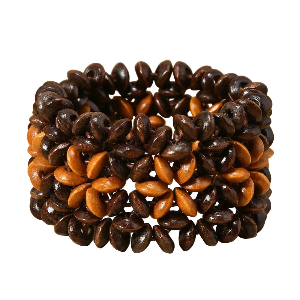 Bracelet femme en bois poli multi-rangs à pétales bicolores brun chocolat et miel ambré