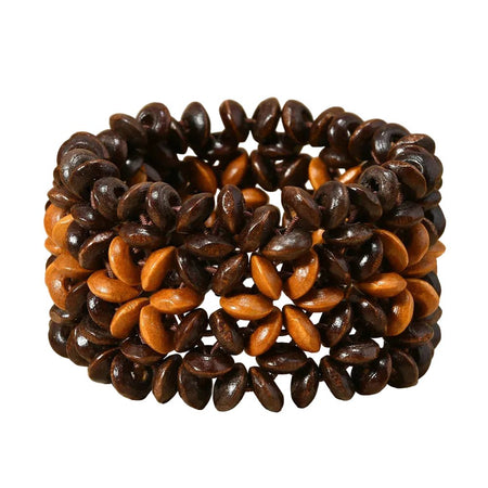 Bracelet femme en bois poli multi-rangs à pétales bicolores brun chocolat et miel ambré