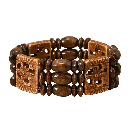 Bracelet femme en bois sculpté avec trois rangées de perles et de plaques carrées florales ajourées