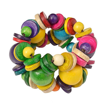 Bracelet femme en bois verni composé de perles sphériques et disques multicolores alternés