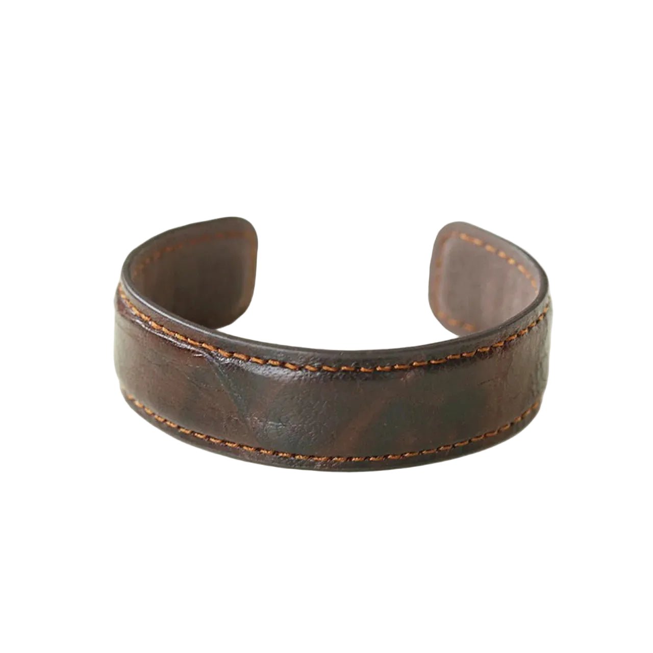 Bracelet femme en cuir véritable marron en forme de jonc semi-rigide aux bords poncés et polis