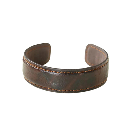 Bracelet femme en cuir véritable marron en forme de jonc semi-rigide aux bords poncés et polis
