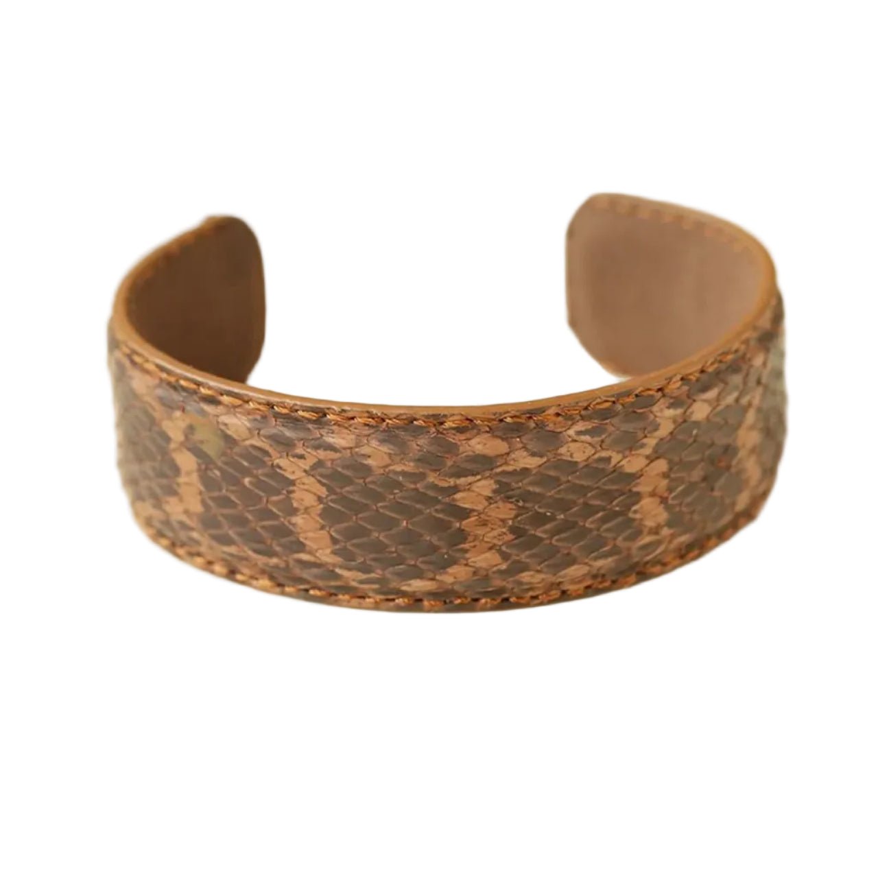 Bracelet femme en cuir véritable marron à motif serpent écailleux losangé en forme de jonc rigide ouvert