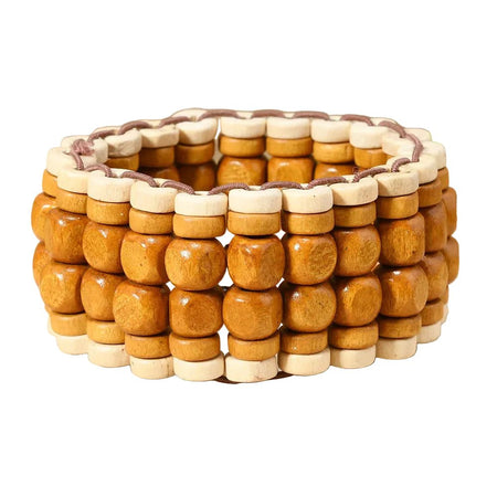 Bracelet pour femme en perles de bois cubiques beige et ivoire, quatre niveaux sur fil élastique