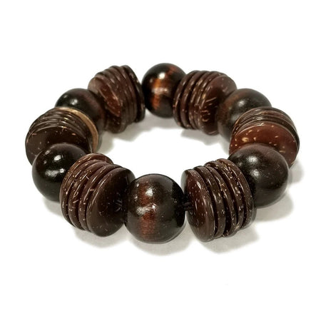 Bracelet femme perles de bois striées fait main alternant rondelles rainurées et sphères satinées brun cacao