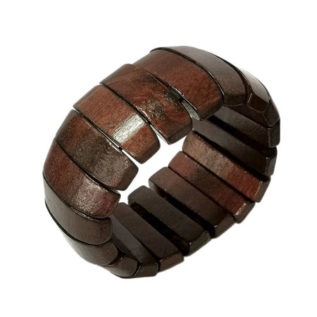 Bracelet femme large en bois marron poli à segments bombés assemblés sur fils élastiques