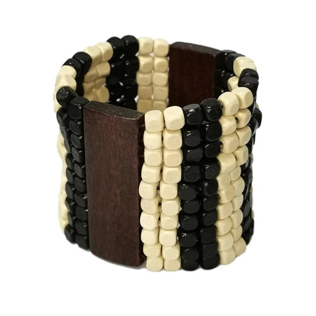 Bracelet femme ethnique large en perles de bois cubiques noires et beiges multirangs avec plaques rectangulaires brun foncé