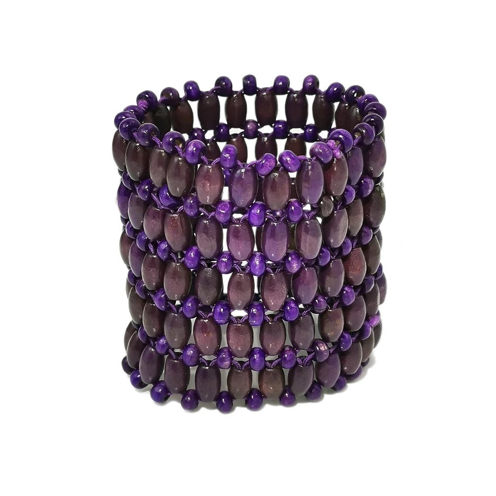 Bracelet femme large en perles de bois violet style manchette élastique multirangs en résille ajourée