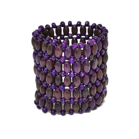 Bracelet femme large en perles de bois violet style manchette élastique multirangs en résille ajourée