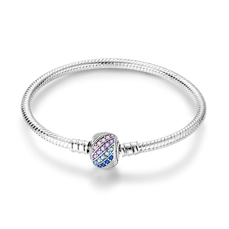 Bracelet fille 13 ans en argent maille serpent avec perle ovale à cristaux rose violet et bleu
