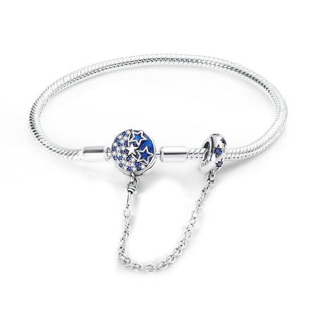 Bracelet fille 7 ans en argent sur maille serpent serti de cristaux et d'étoiles bleues avec perles émaillées