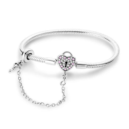 Bracelet fille 9 ans en argent chaîne serpent avec cadenas cœur orné de pierres roses facettées