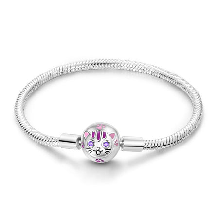 Bracelet fille argenté maille serpent brillante avec chat sphérique rose et violet