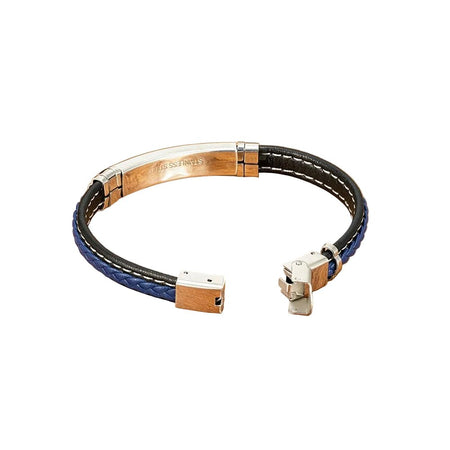 Bracelet haut de gamme homme en cuir tressé bleu doté de surpiqûres blanches et d'une plaque centrale argentée en acier poli avec fermoir ouvert