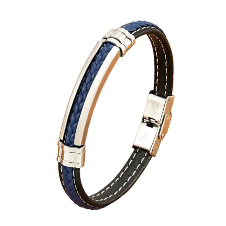 Bracelet haut de gamme homme en cuir tressé bleu et noir doté de surpiqûres blanches et d'une plaque centrale argentée en acier poli