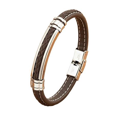 Bracelet haut de gamme homme en cuir tressé marron avec plaque centrale argentée en acier inoxydable poli