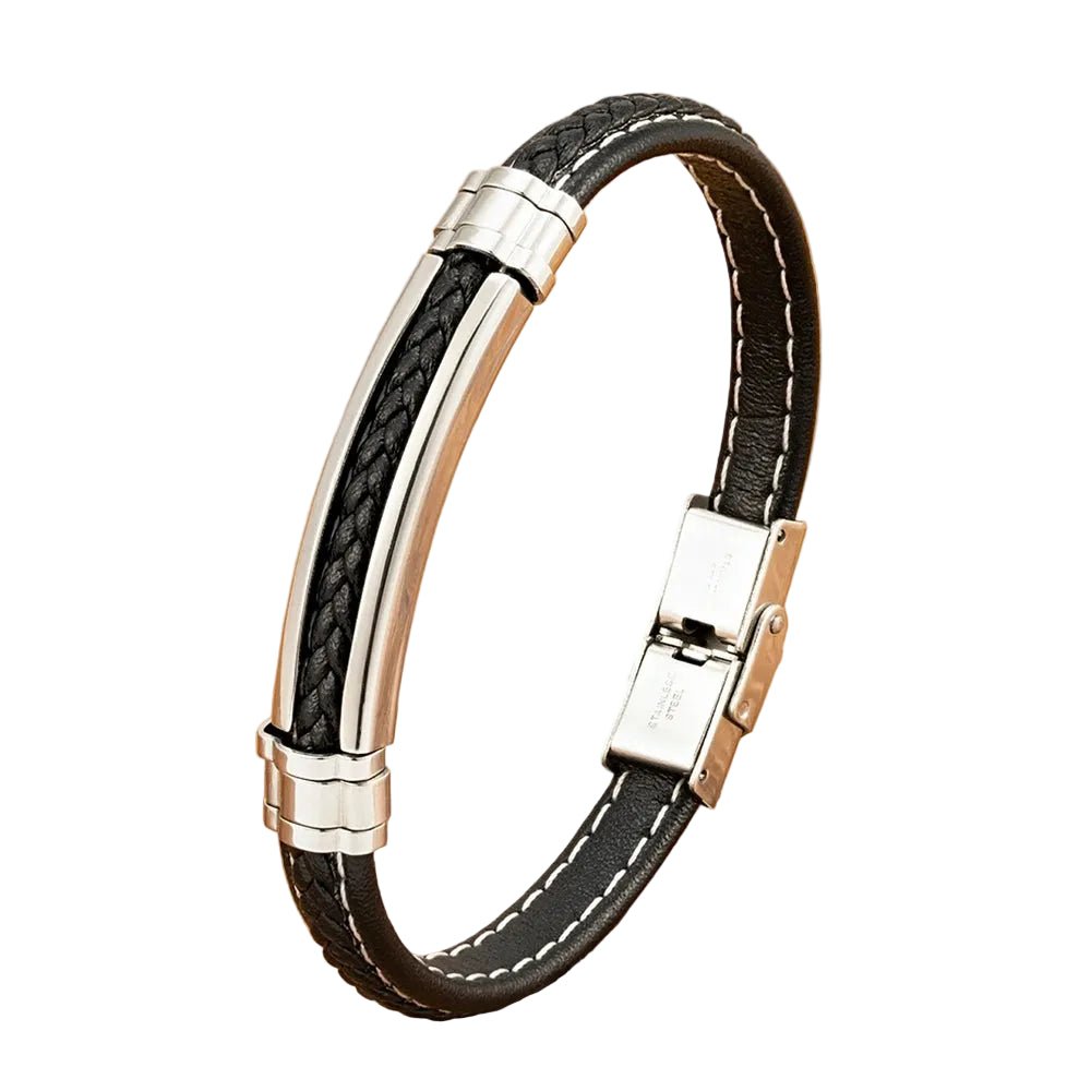 Bracelet haut de gamme homme en cuir tressé noir doté de surpiqûres ivoire et d'une plaque centrale en acier poli effet miroir