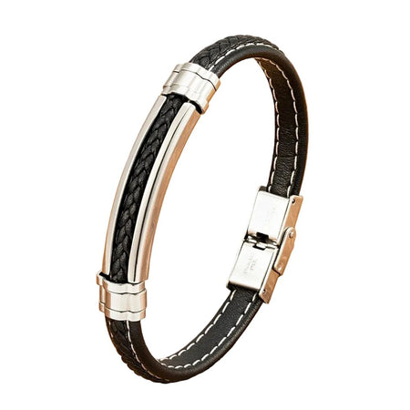 Bracelet haut de gamme homme en cuir tressé noir doté de surpiqûres ivoire et d'une plaque centrale en acier poli effet miroir