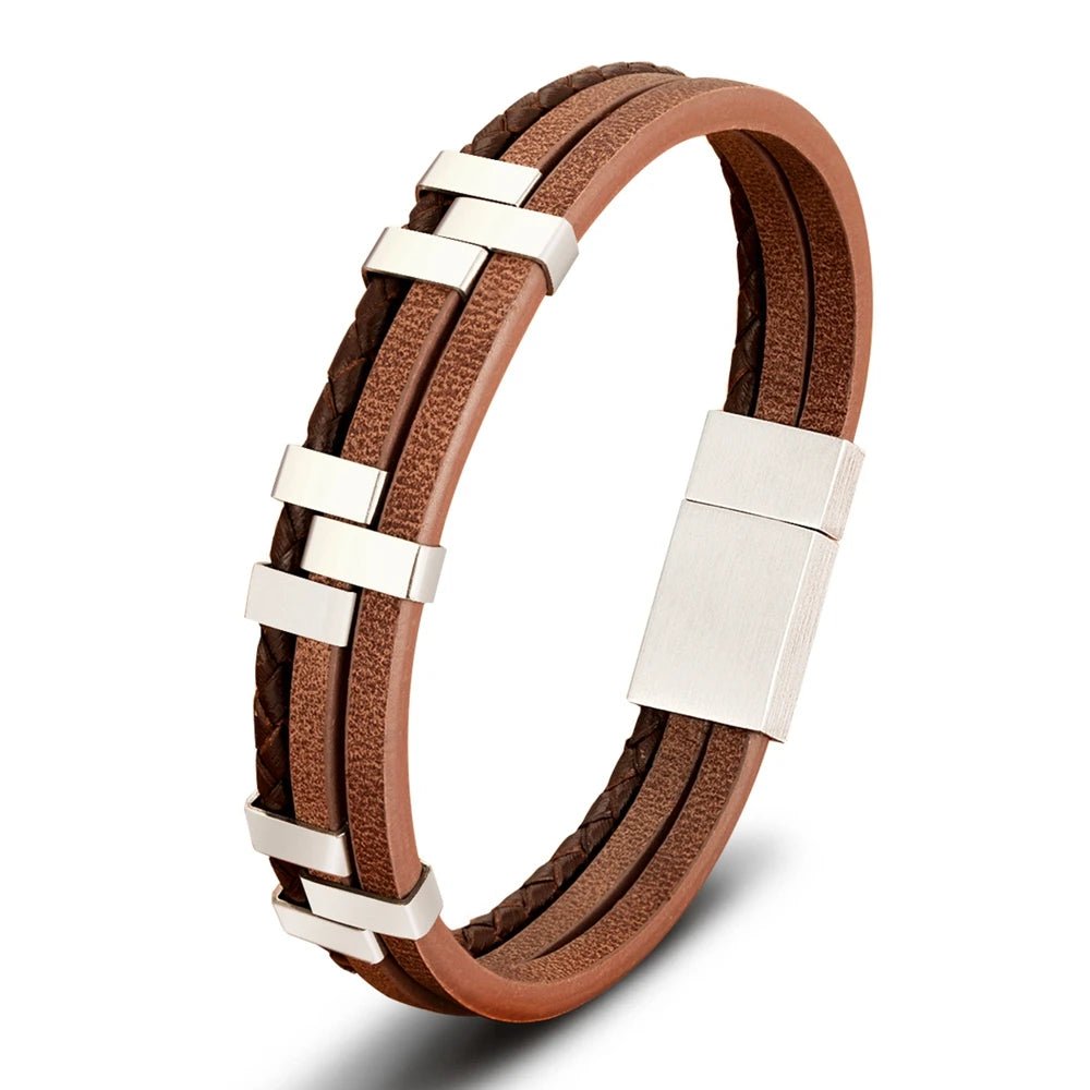 Bracelet homme 3 rangs en cuir marron avec intercalaires rectangulaires en acier brossé
