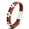 Bracelet homme 3 rangs en cuir marron avec intercalaires rectangulaires en acier brossé