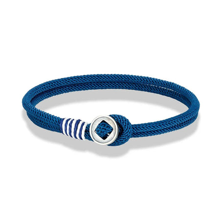 Bracelet homme cordon nylon bleu tressé à surliure bicolore et fermoir bouton en argent