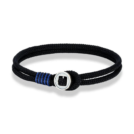 Bracelet homme cordon nylon noir double torsade, surliure bleue et fermoir bouton en argent