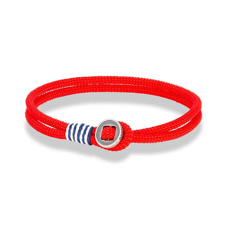 Bracelet homme cordon nylon rouge tressé avec surliure bicolore bleue et blanche et fermoir bouton en argent