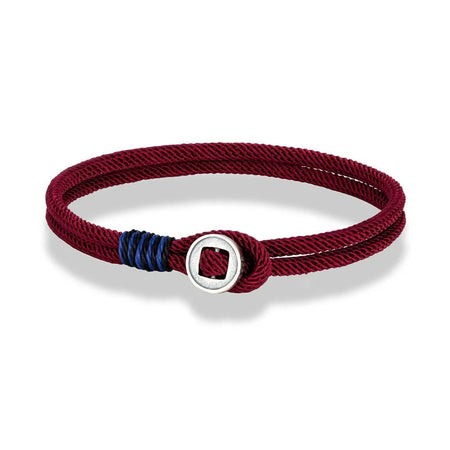 Bracelet homme cordon nylon torsadé bordeaux à double toron avec surliure bicolore et fermoir bouton en argent