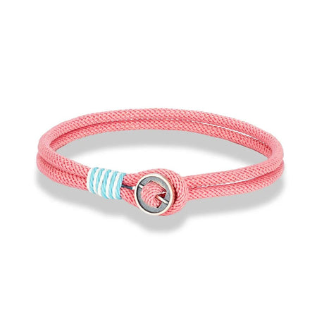 Bracelet homme cordon nylon tressé rose double tour avec surliure blanche, turquoise et fermoir bouton en argent