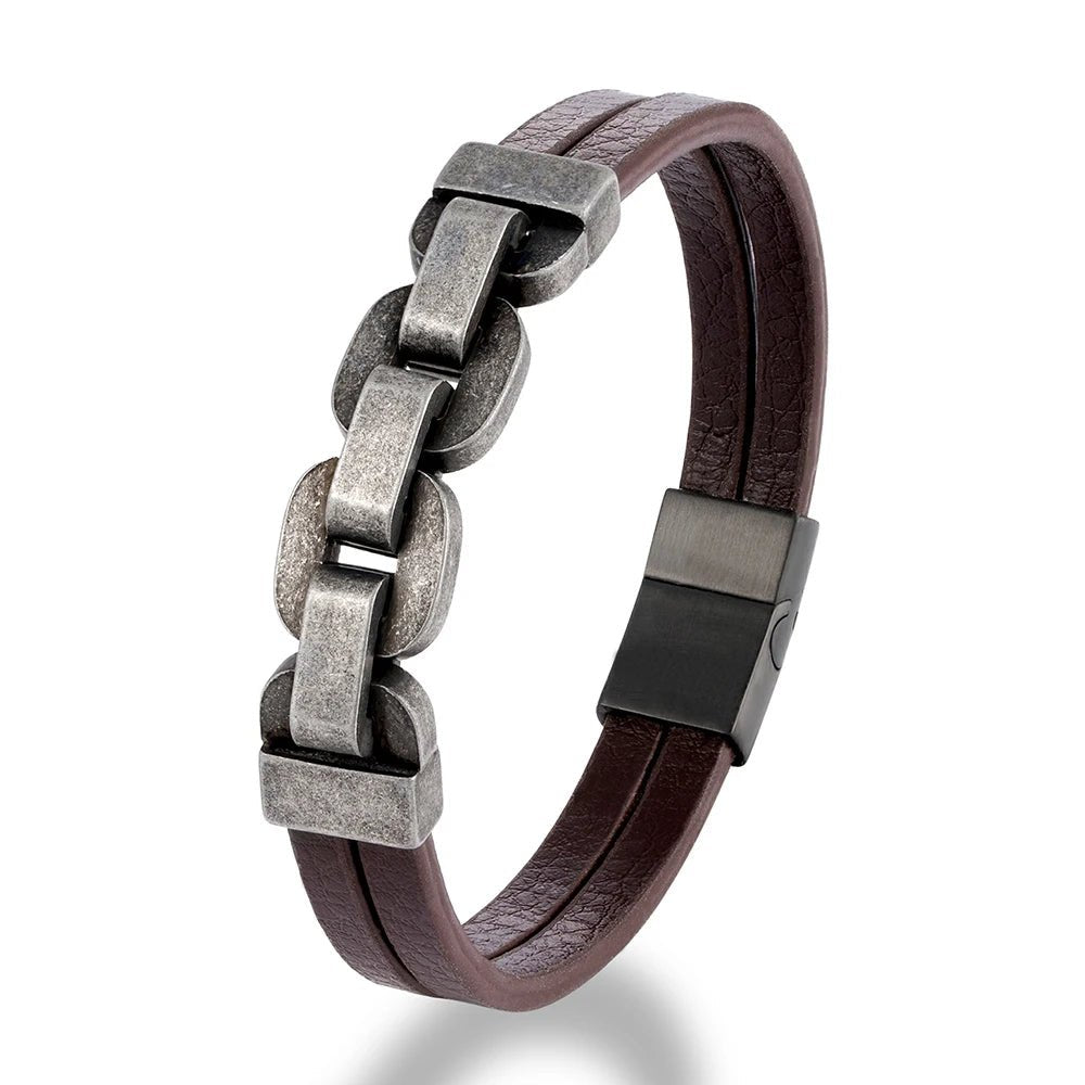 Bracelet homme double lanière cuir marron avec chaîne centrale à maillons larges patinés brossés