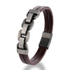 Bracelet homme double lanière cuir marron avec chaîne centrale à maillons larges patinés brossés