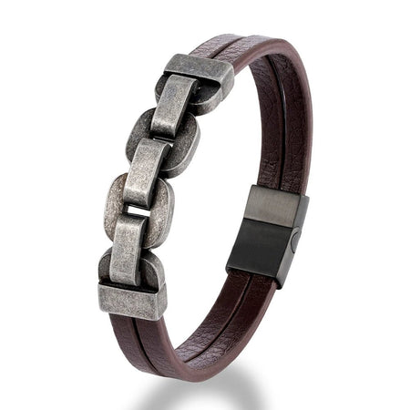 Bracelet homme double lanière cuir marron avec chaîne centrale à maillons larges patinés brossés