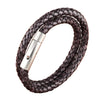 Bracelet homme double tour en cuir tressé gris anthracite doté d'un fermoir tubulaire en acier argenté poli