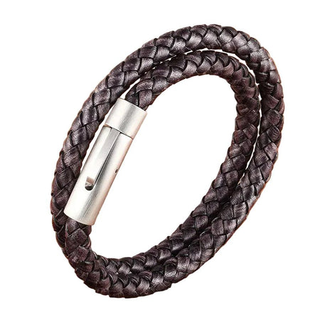 Bracelet homme double tour en cuir tressé gris anthracite doté d'un fermoir tubulaire en acier argenté poli