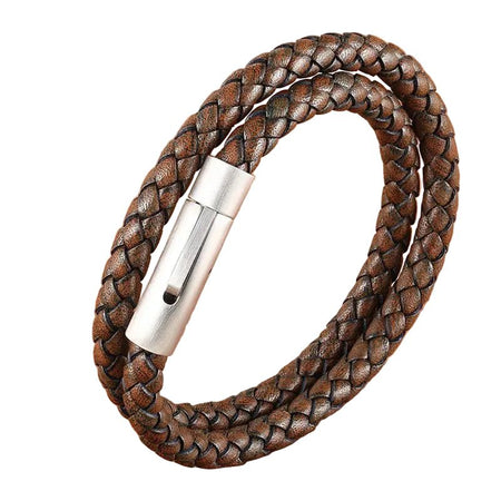 Bracelet homme double tour en cuir tressé marron doté d'un fermoir cylindrique acier argenté brossé