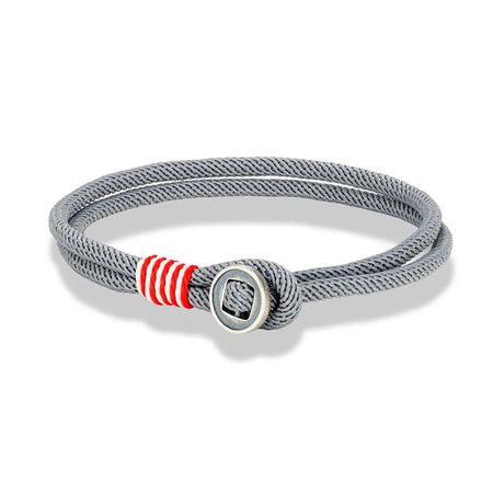 Bracelet homme cordon nylon gris double brin à surliure rouge, blanc et fermoir en argent usiné style bouton