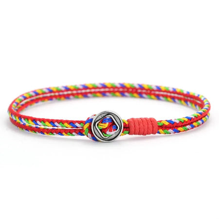 Bracelet homme cordon nylon multicolore tressé à surliure rouge et fermoir bouton