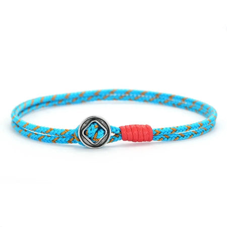 Bracelet homme cordon nylon tressé turquoise à surliure rouge et fermoir bouton métal