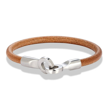 Bracelet homme cuir beige rigide doté d'un fermoir menotte aimanté argenté