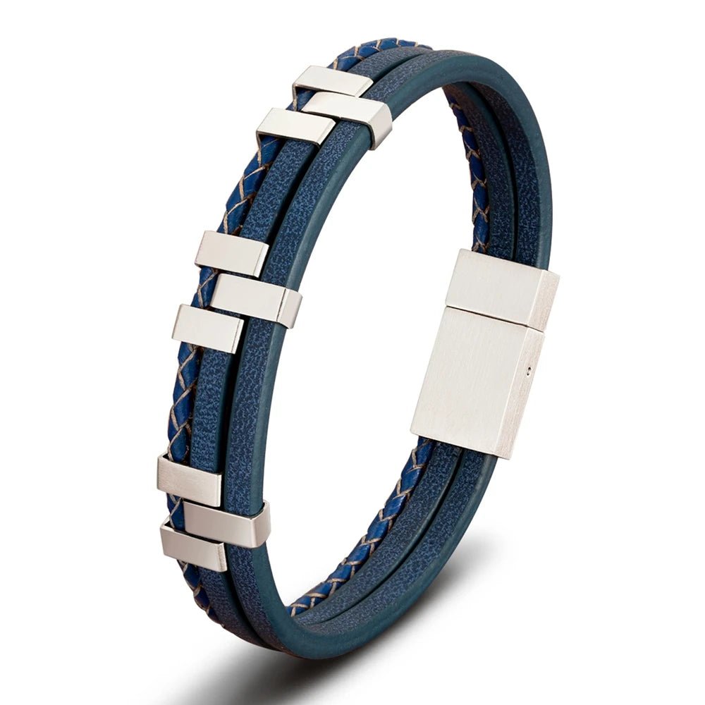 Bracelet homme cuir bleu 3 rangs à inserts rectangulaires en acier brossé