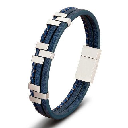 Bracelet homme cuir bleu 3 rangs à inserts rectangulaires en acier brossé