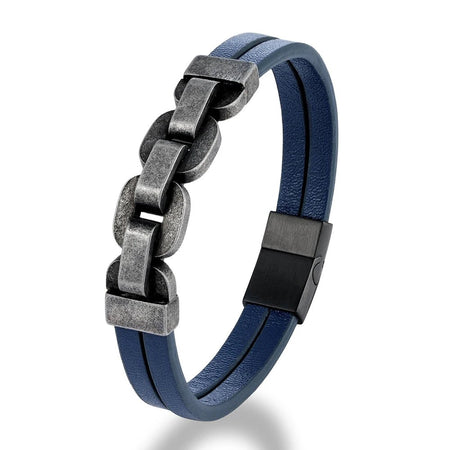 Bracelet homme double lanière en cuir bleu aux maillons acier à finition patinée au centre