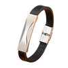 Bracelet homme cuir brun à plaque acier argentée brossée ornée d'une incision oblique polie
