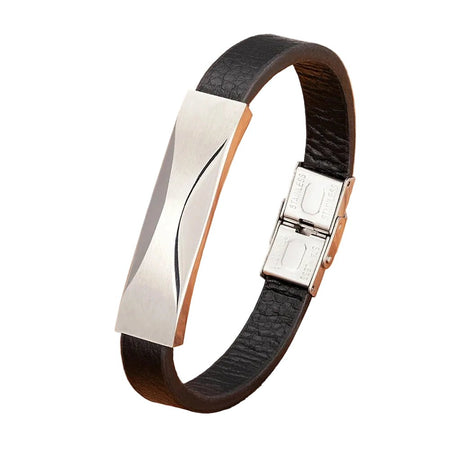 Bracelet homme cuir brun à plaque acier argentée brossée ornée d'une incision oblique polie