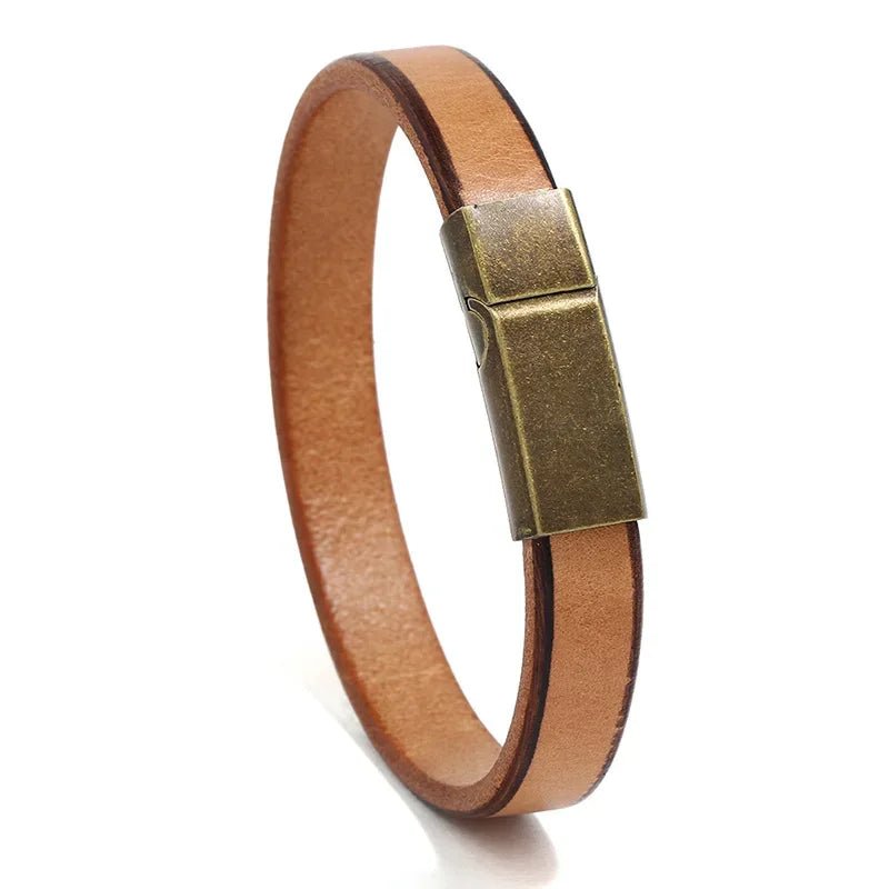 Bracelet homme cuir camel monobande à fermoir rectangulaire en acier brossé satiné