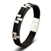 Bracelet homme cuir noir 3 rangs aux segments rectangulaires en acier poli avec un brin tressé