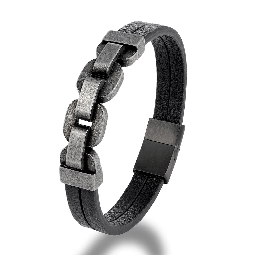 Bracelet homme cuir noir double lanière et chaîne à maillons épais patinés